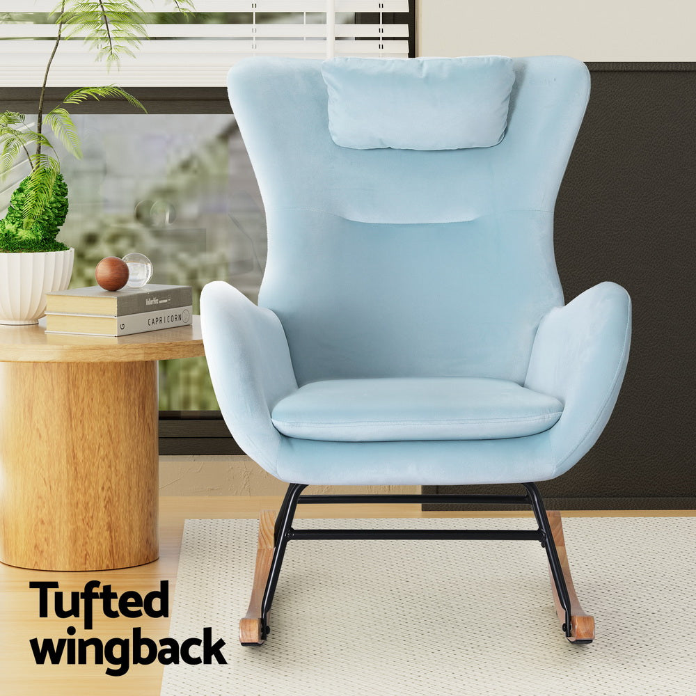 ADA Blue Velvet Rocking Chair with Pillow