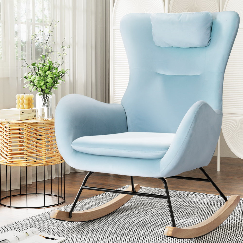 ADA Blue Velvet Rocking Chair with Pillow