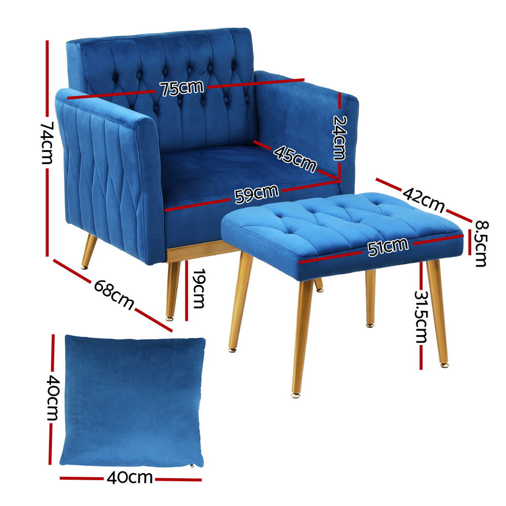 Blue Velvet Armchair with Ottoman and Pillow