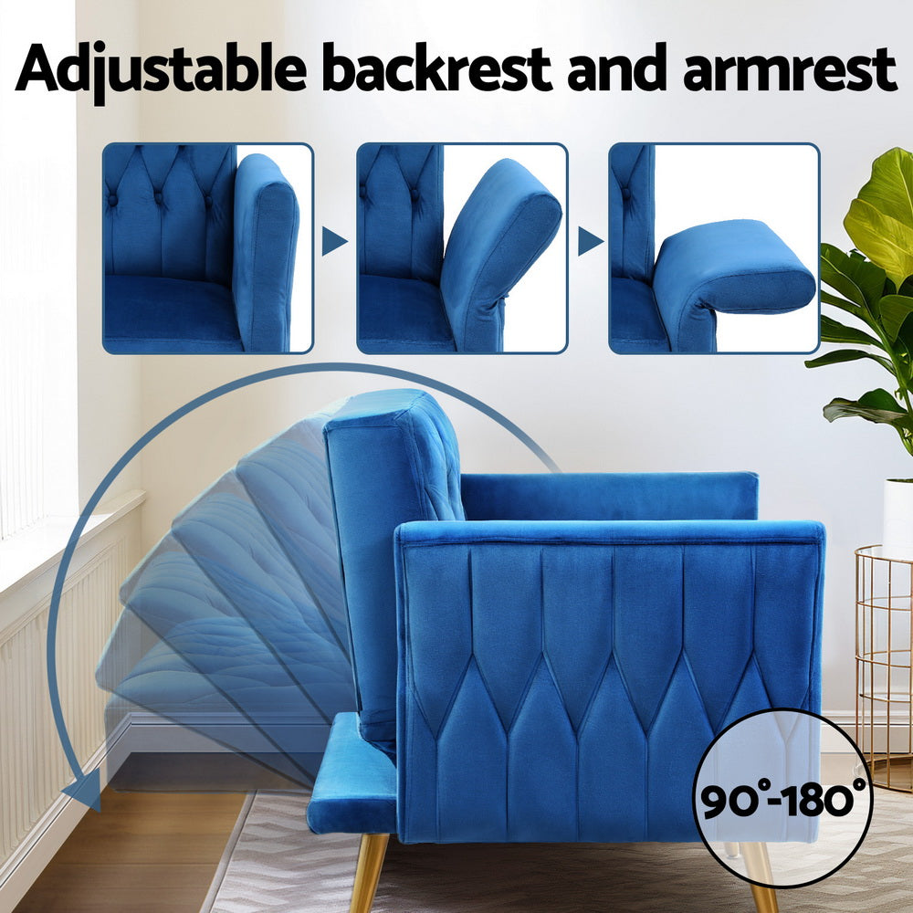 Blue Velvet Armchair with Ottoman and Pillow