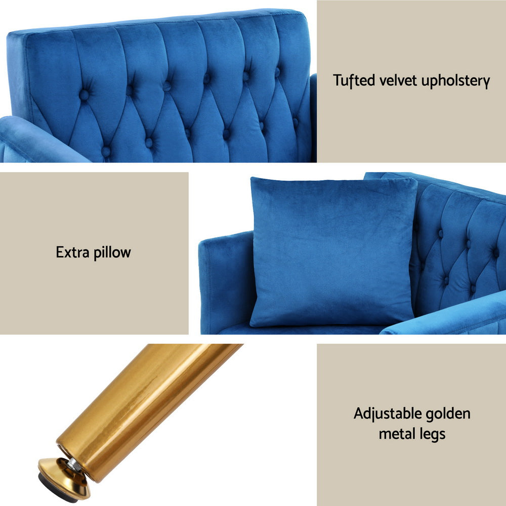 Blue Velvet Armchair with Ottoman and Pillow