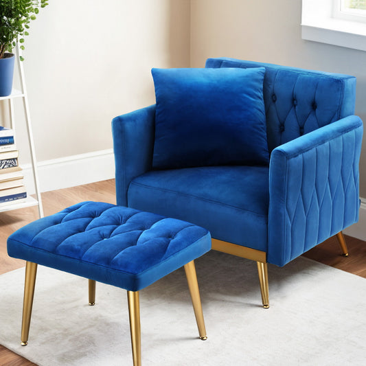 Blue Velvet Armchair with Ottoman and Pillow