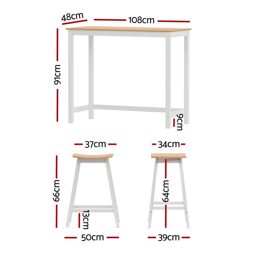 Artiss Pine and White Bar Table and Stools Set