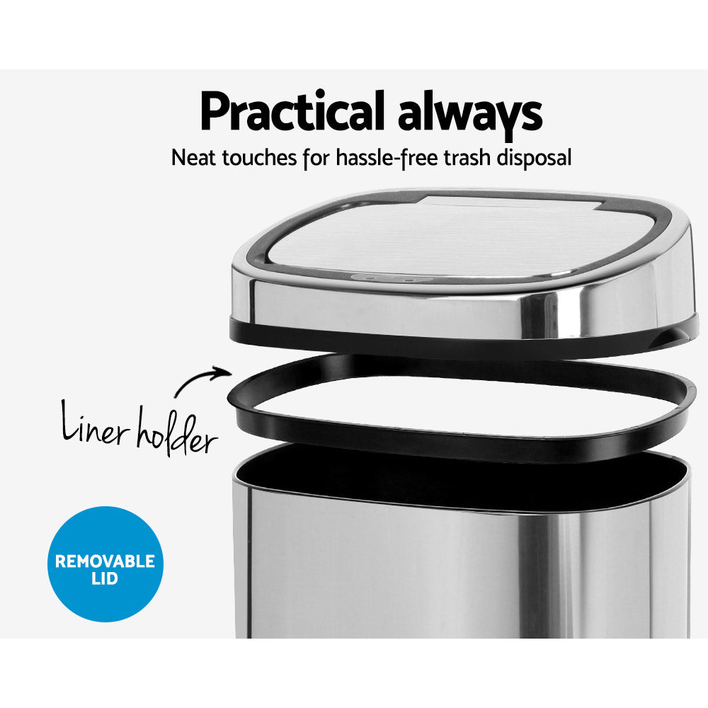 Devanti 68L Silver Motion Sensor Bin Rubbish