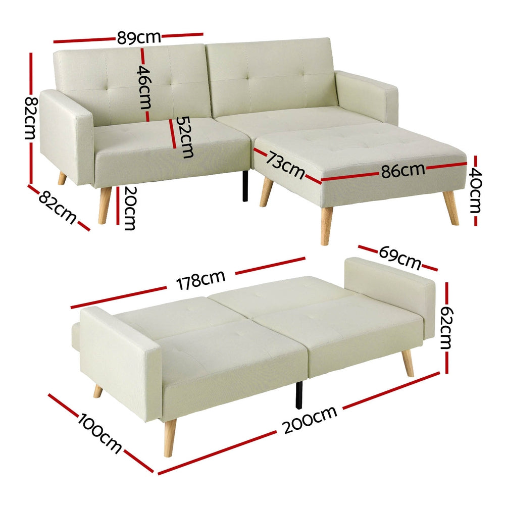 Artiss Faux Linen Beige Sofa Bed with Ottoman