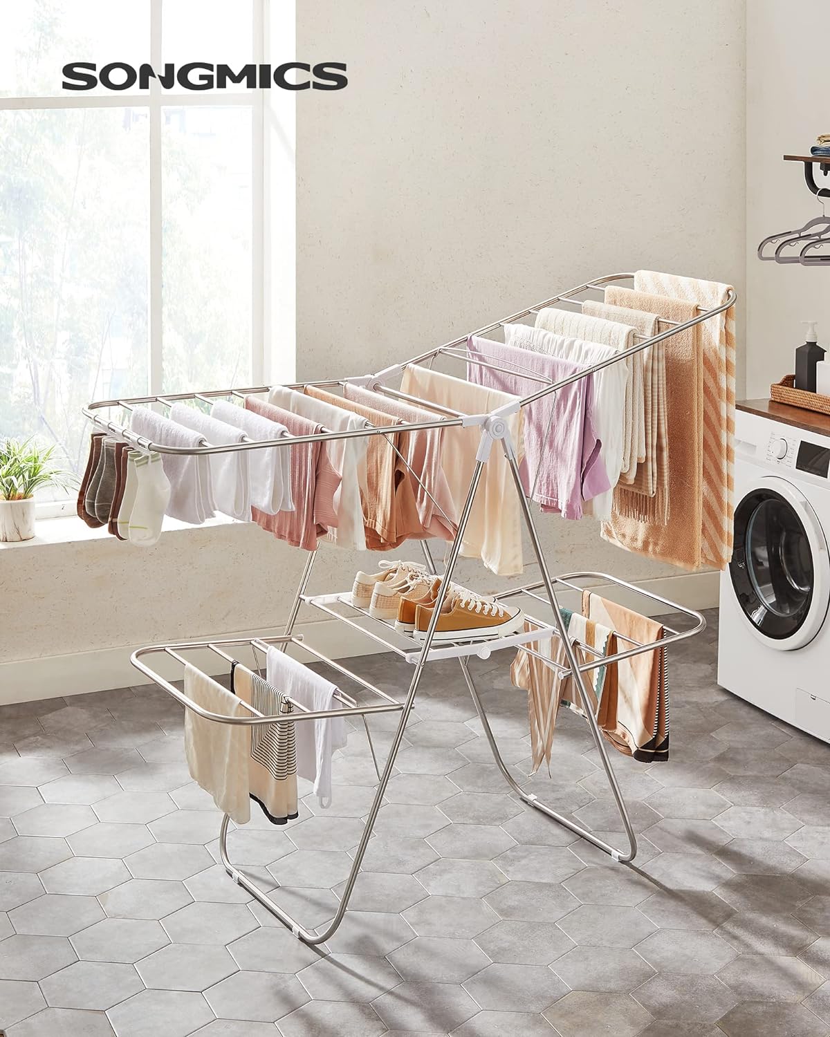 SONGMICS Foldable 2-Level Large Clothes Drying Rack with Adjustable Wings