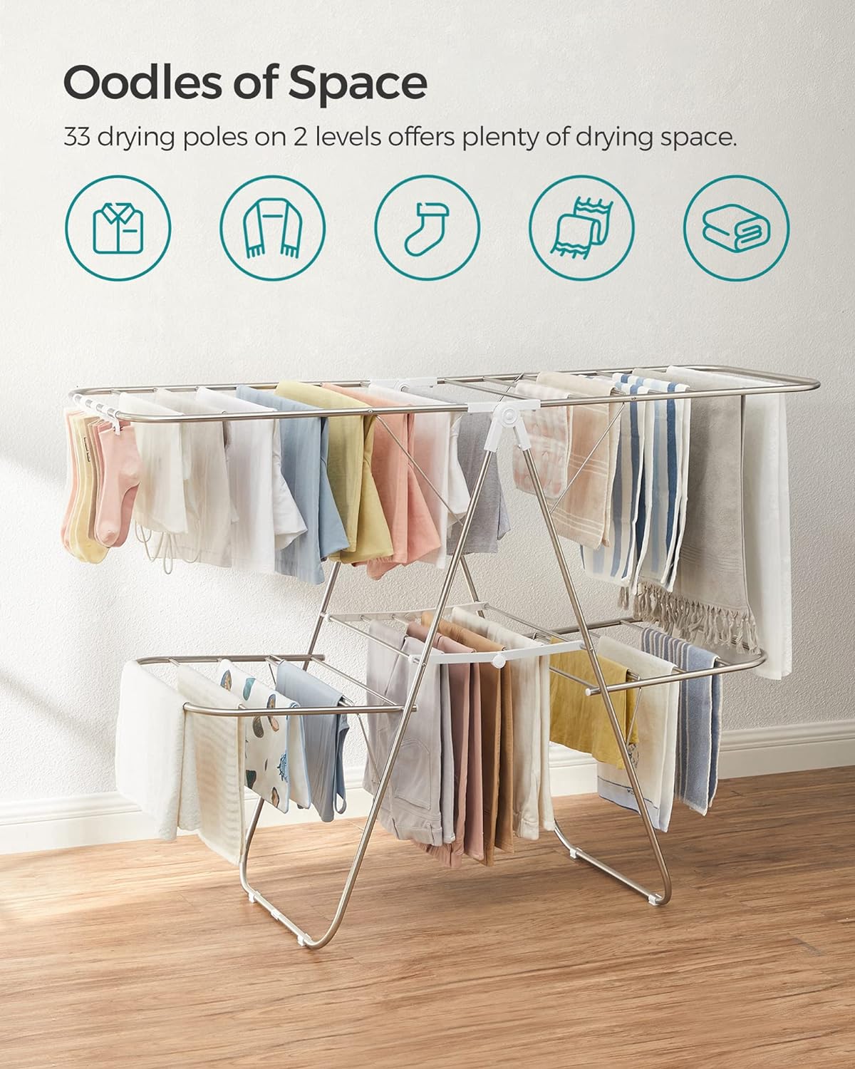 SONGMICS Foldable 2-Level Large Clothes Drying Rack with Adjustable Wings