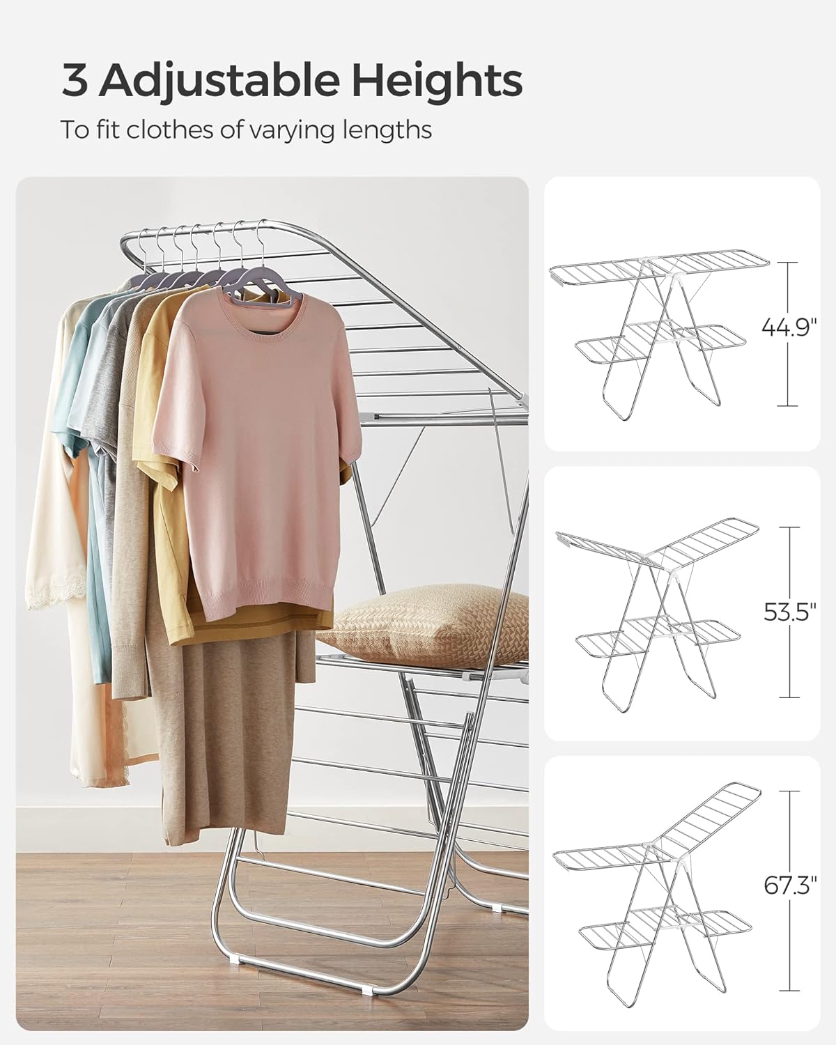 SONGMICS Foldable 2-Level Large Clothes Drying Rack with Adjustable Wings