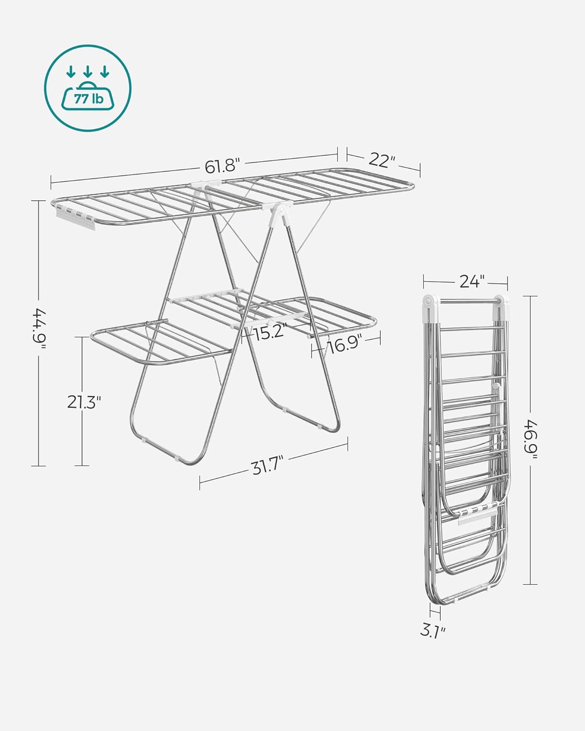 SONGMICS Foldable 2-Level Large Clothes Drying Rack with Adjustable Wings