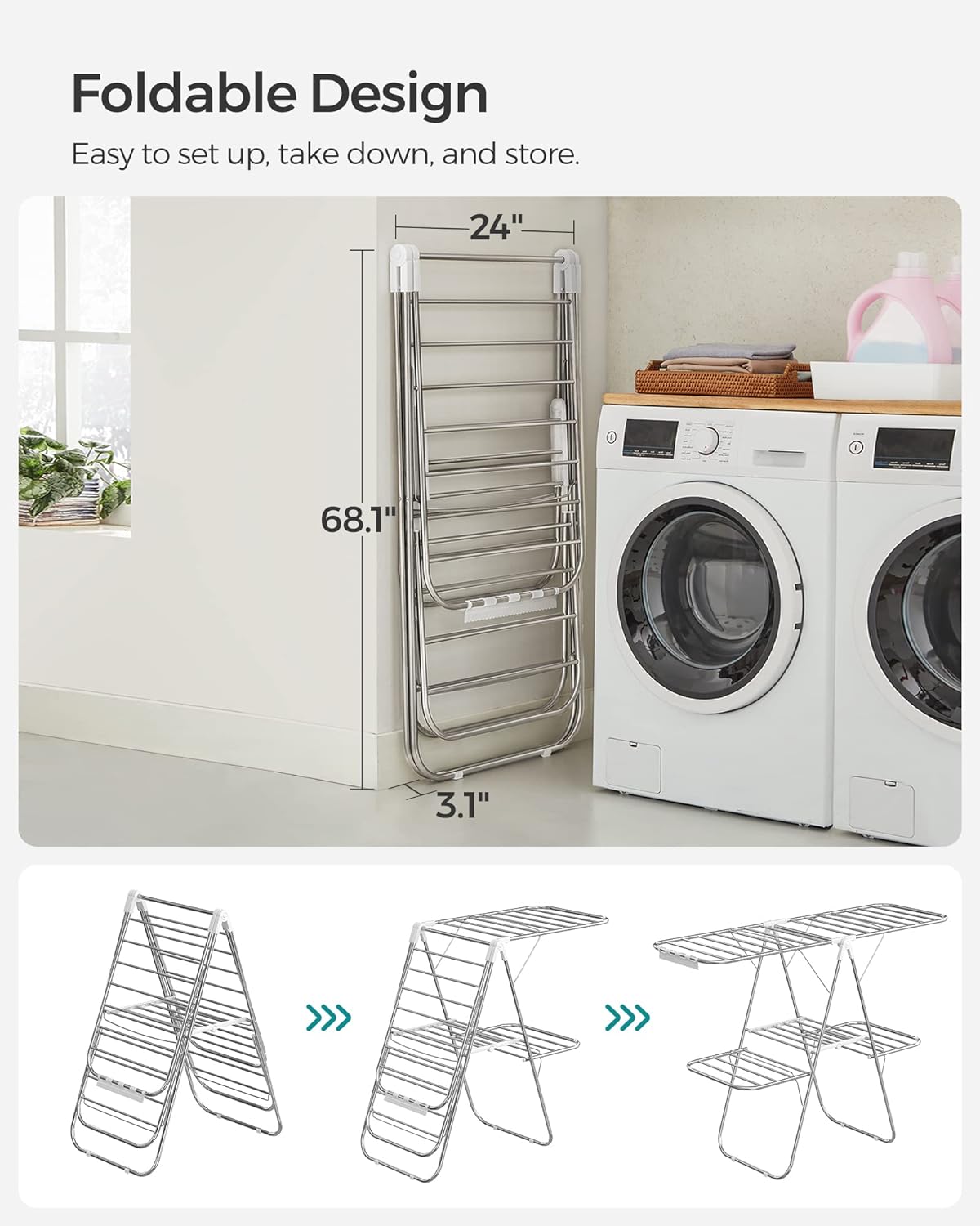 SONGMICS Foldable 2-Level Large Clothes Drying Rack with Adjustable Wings