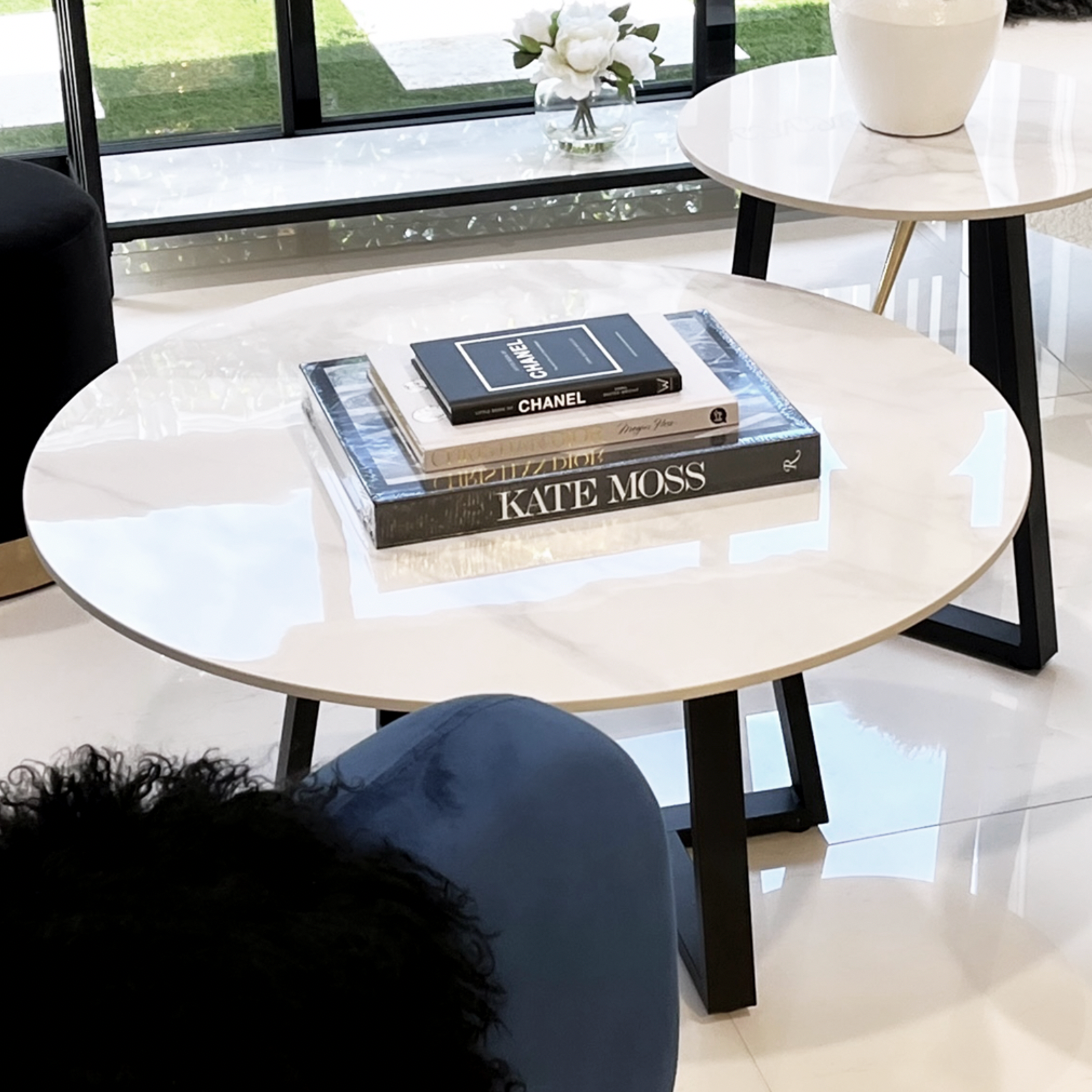 Broadway Two Tier Marble White Stone Coffee Table Set