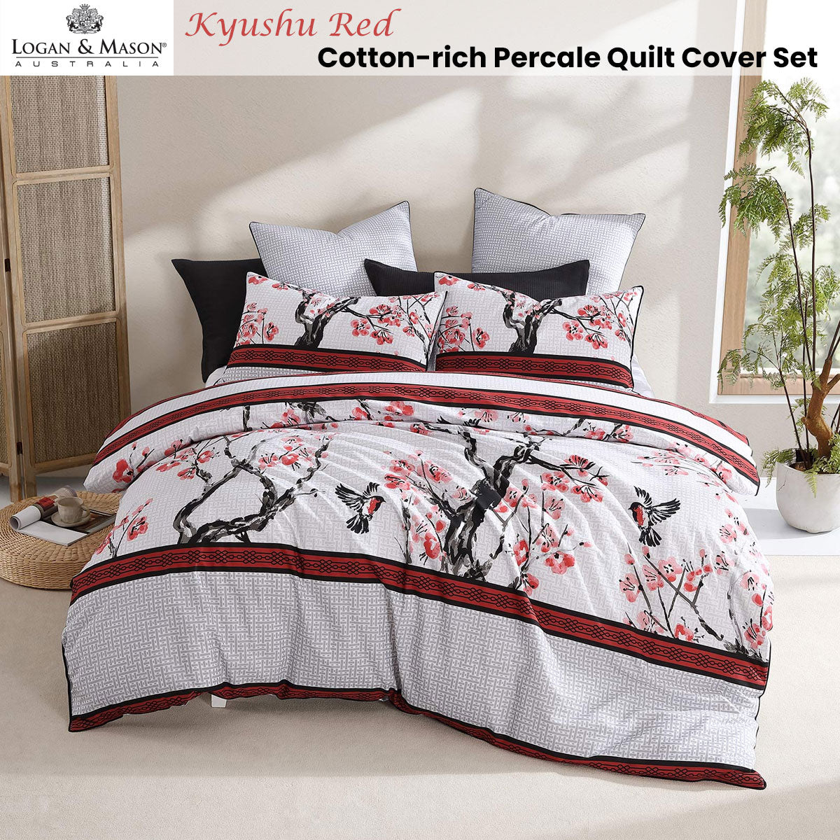 Logan and Mason Kyushu Red Cotton-Rich Percale Print Queen Quilt Cover Set