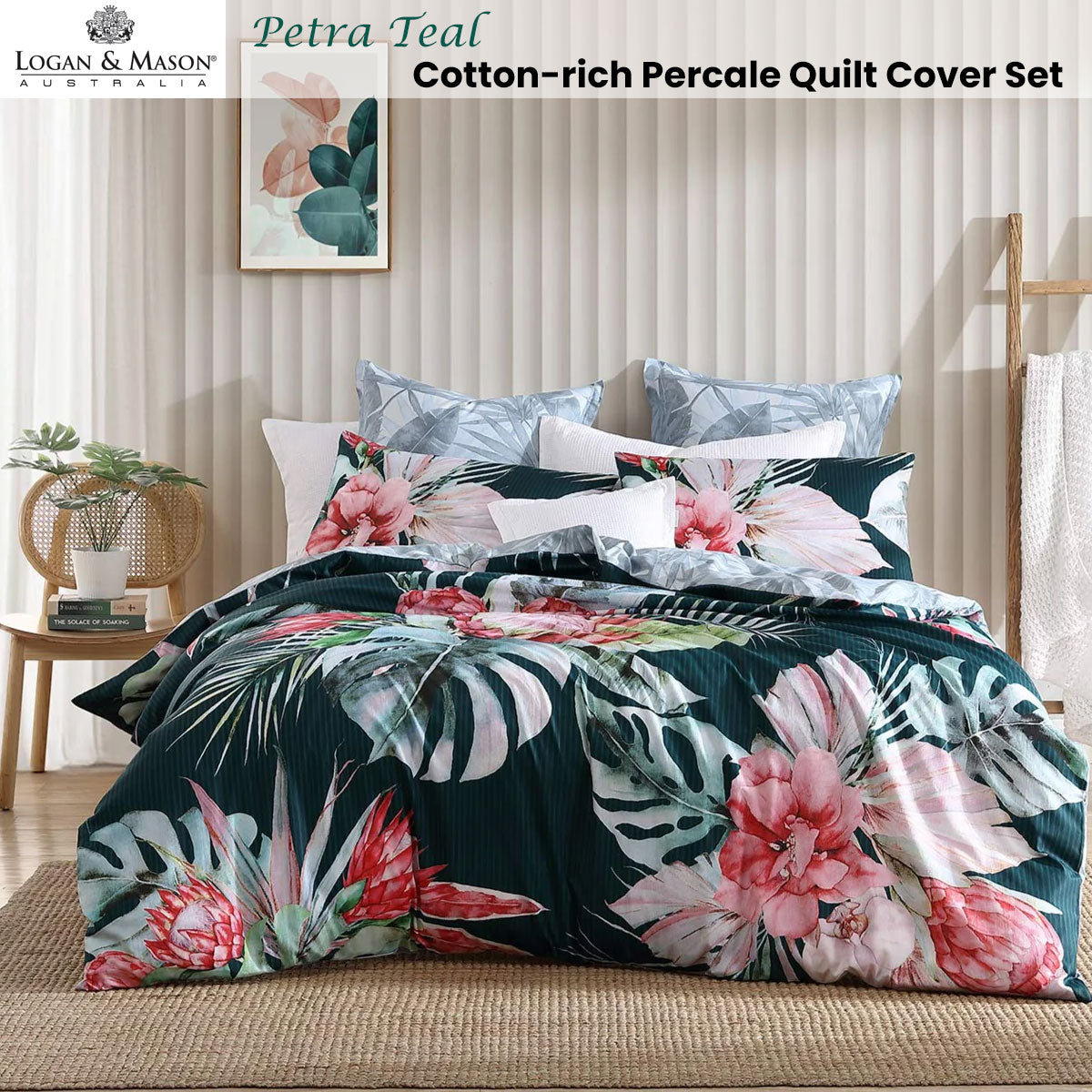 Logan and Mason Petra Teal Cotton-Rich Percale Print Queen Quilt Cover Set