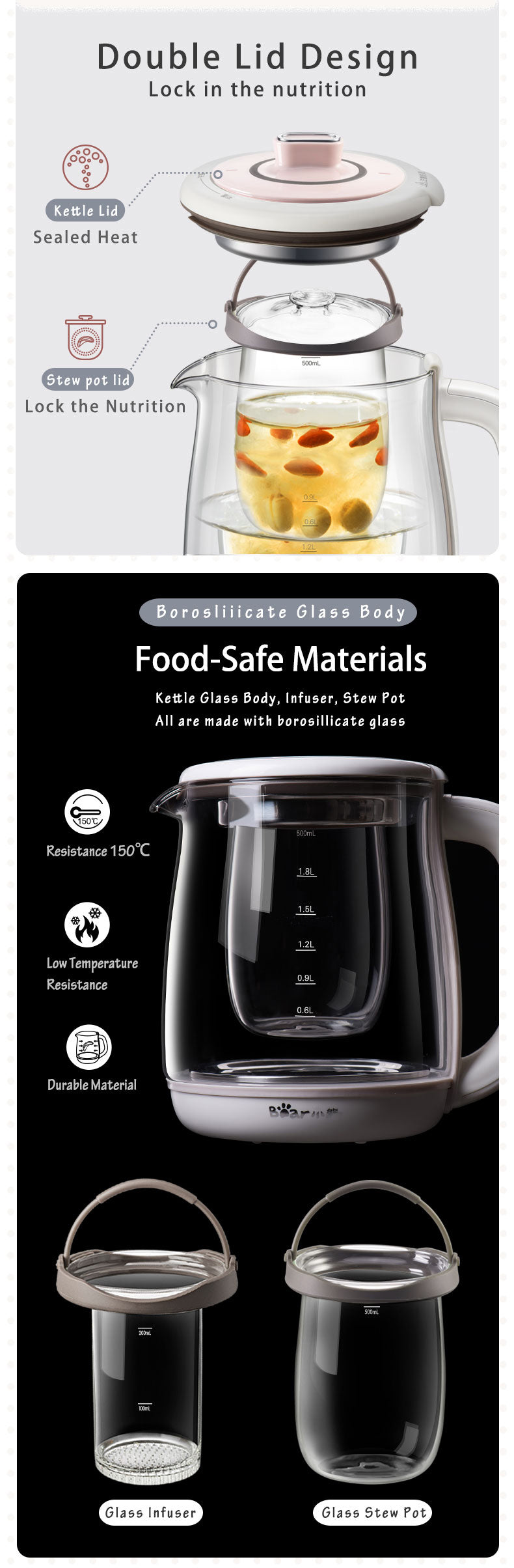 BEAR Tea Glass Kettle Health Pot 1.8L