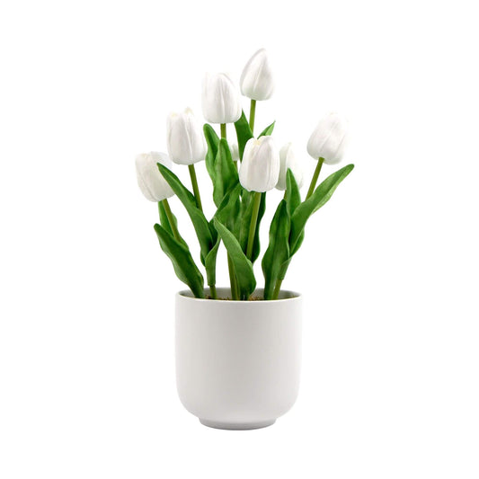 35cm Artificial White Tulips with Ceramic Bowl 35cm