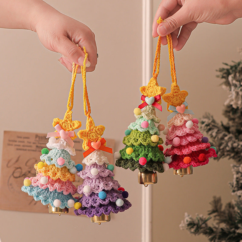 2 Pcs Style A Yellow and Pink Handmade Crochet Christmas Tree Ornament - Festive Hanging Decoration with Jingle Bell