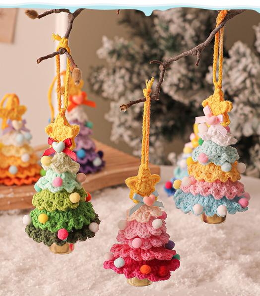 2 Pcs Style B Yellow and Purple Handmade Crochet Christmas Tree Ornament - Festive Hanging Decoration with Jingle Bell