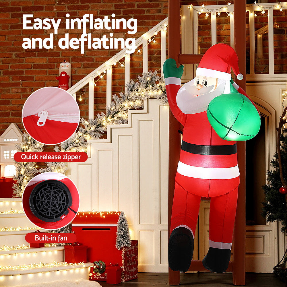 Jingle Jollys Christmas Inflatable Santa Climbing Ladder 2.45M Height LED Decorations Illuminated