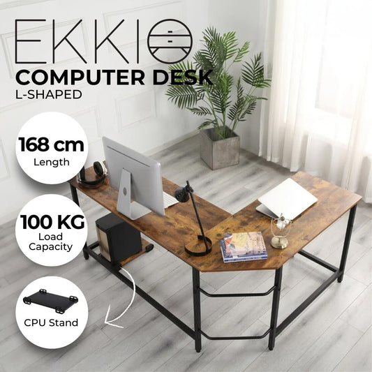 EKKIO Brown L-Shaped Corner Computer Desk with CPU Stand