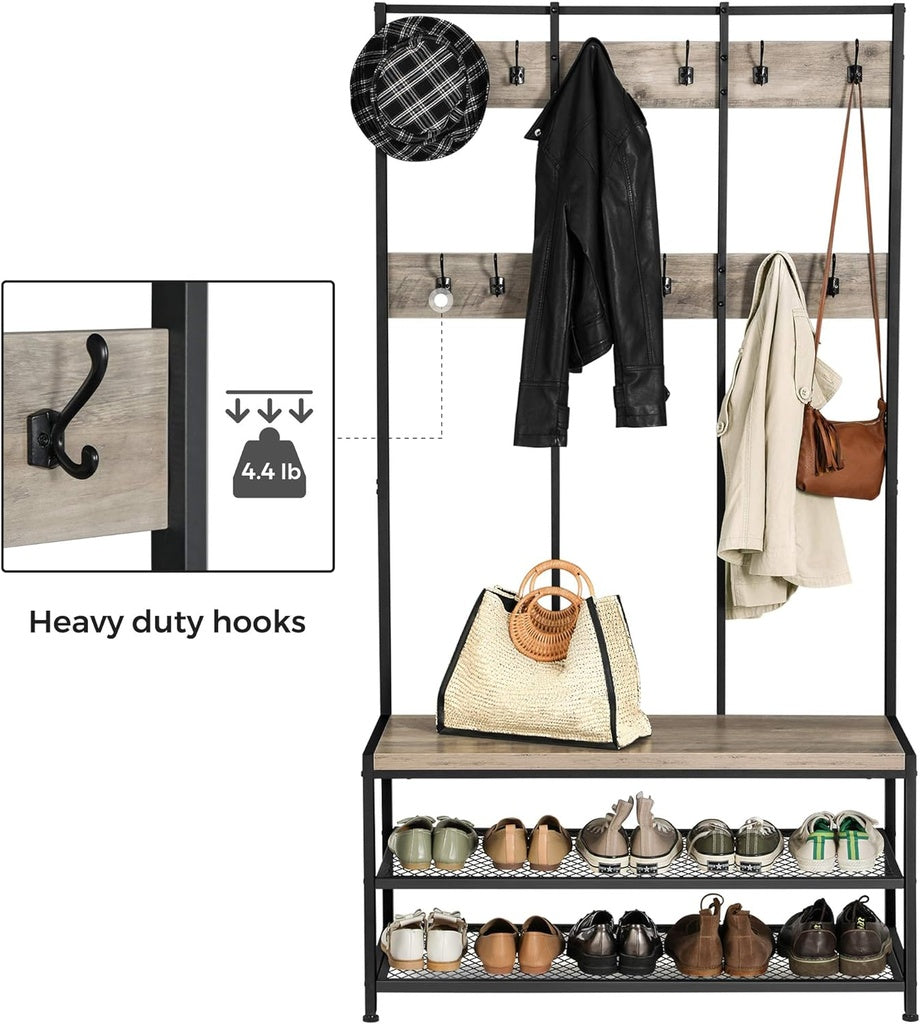 VASAGLE Large Coat Rack Stand with 12 Hooks and Shoe Bench
