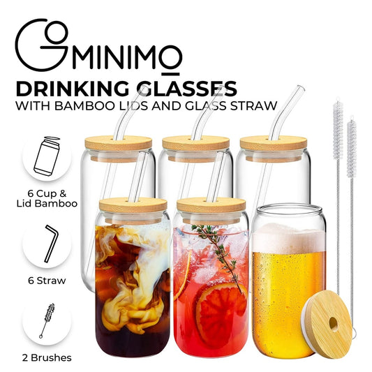 GOMINIMO 6 Pcs Clear Drinking Glasses with Bamboo Lids and Glass Straw