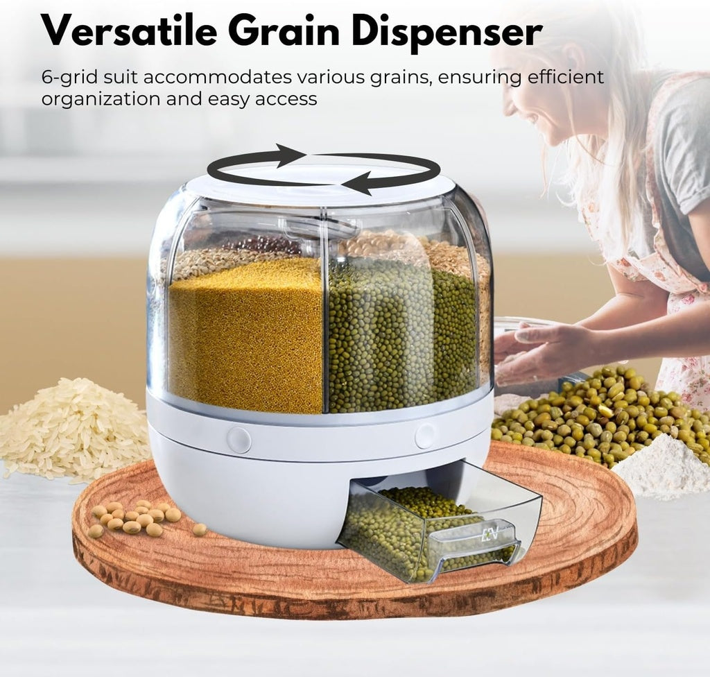 GOMINIMO White 6 in 1 Rotating 360° Grain Dispenser with Lid