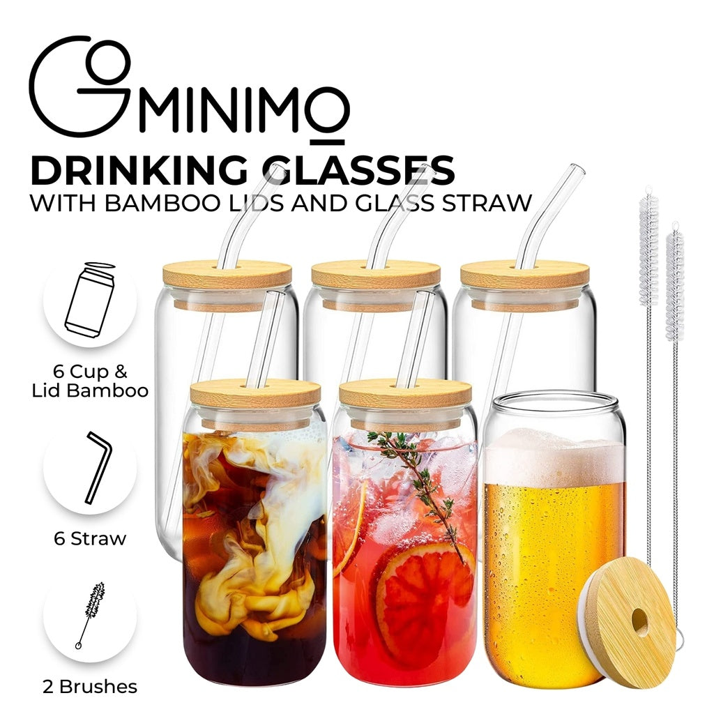 GOMINIMO 6 Pcs Clear Drinking Glasses with Bamboo Lids and Glass Straw