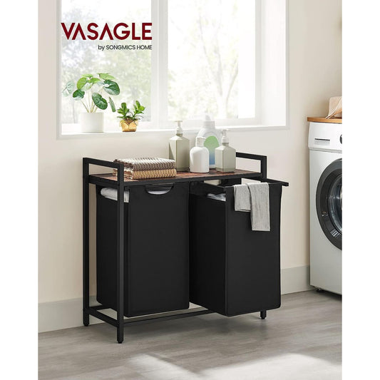 VASAGLE Rustic Brown and Black Laundry Basket with Shelf and Pull-Out Bags
