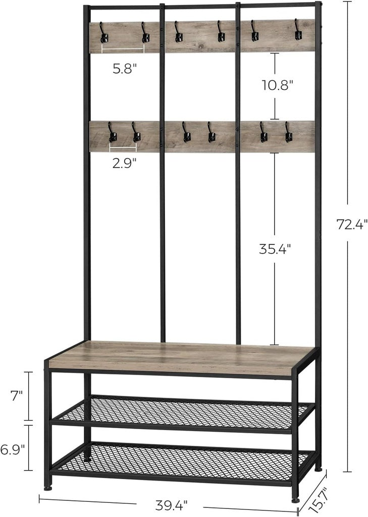 VASAGLE Large Coat Rack Stand with 12 Hooks and Shoe Bench