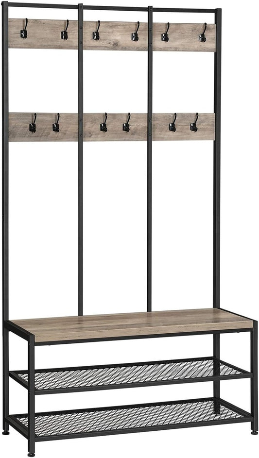 VASAGLE Large Coat Rack Stand with 12 Hooks and Shoe Bench