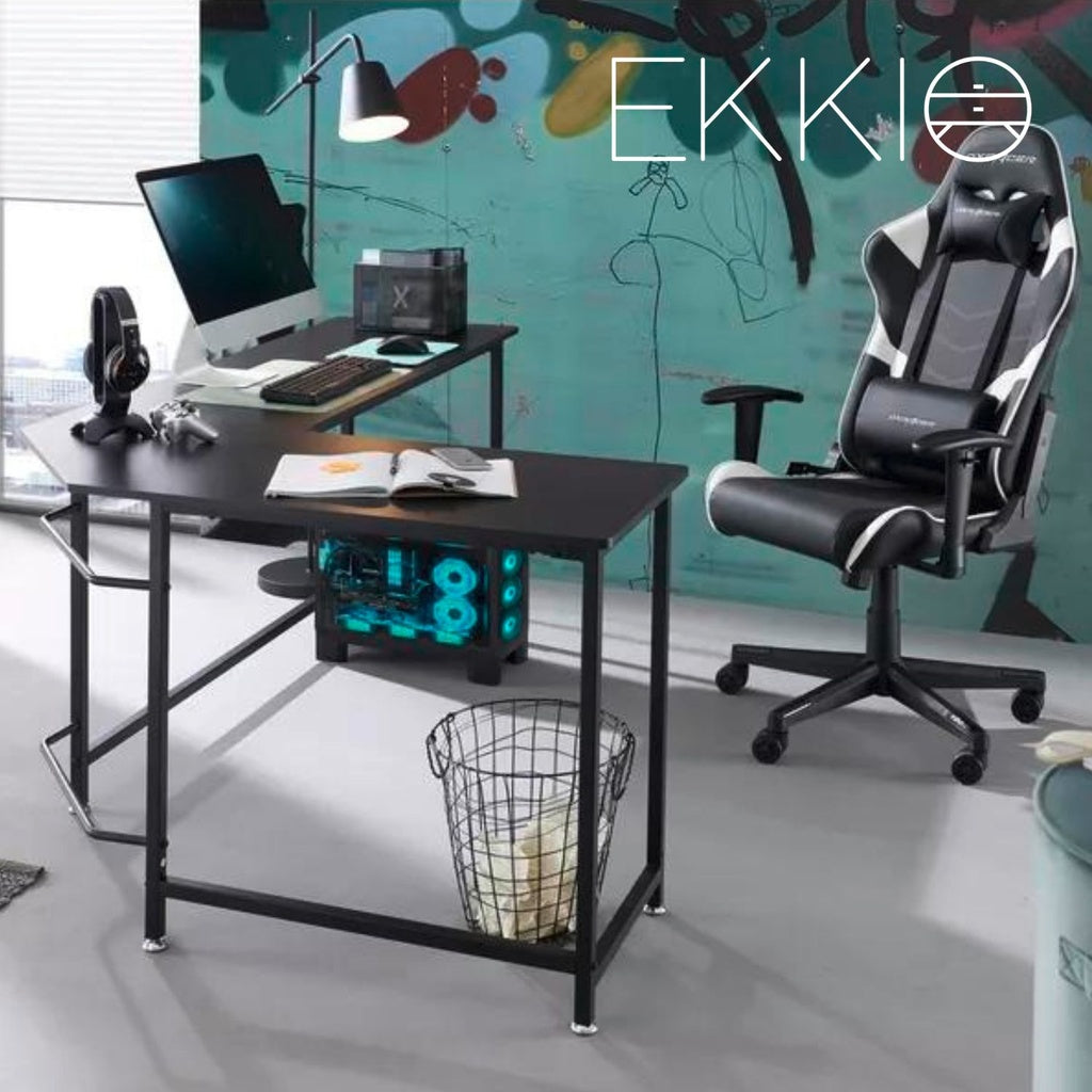 EKKIO Black L-Shaped Corner Computer Desk with CPU Stand