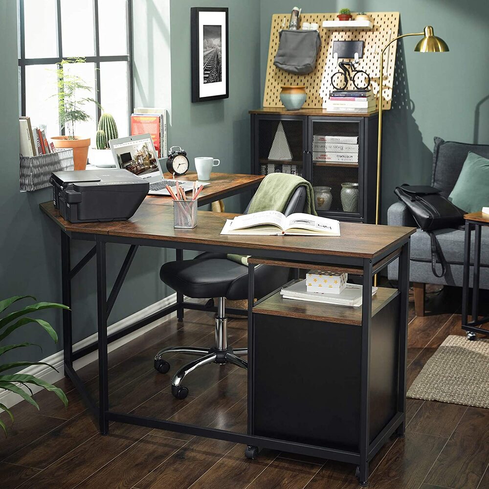 VASAGLE Rustic Brown and Black L-Shaped Computer Desk