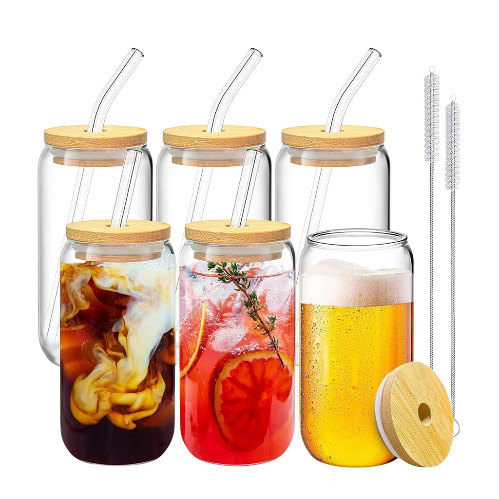 GOMINIMO 6 Pcs Clear Drinking Glasses with Bamboo Lids and Glass Straw