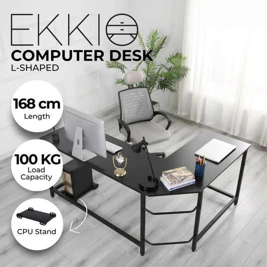 EKKIO Black L-Shaped Corner Computer Desk with CPU Stand