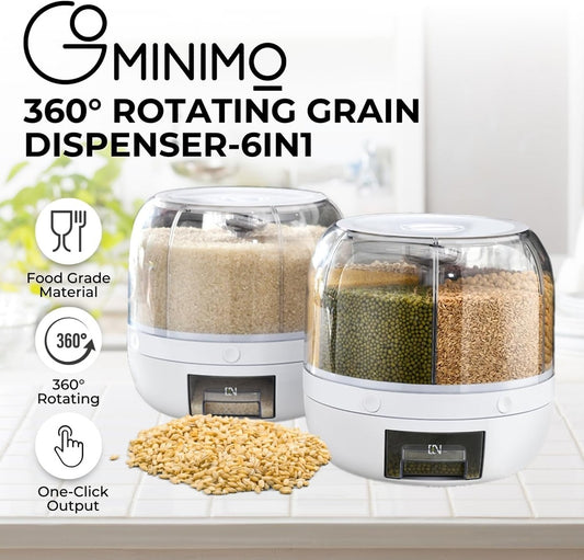 GOMINIMO White 6 in 1 Rotating 360° Grain Dispenser with Lid