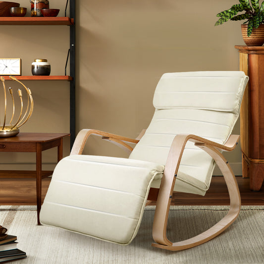 Artiss Bentwood Beige Afton Fabric Rocking Armchair with Adjustable Footrest