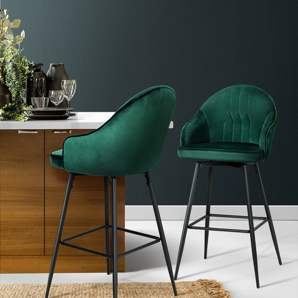 Artiss Set of 2 Green Mesial Velvet Bar Stools - BM House & Garden