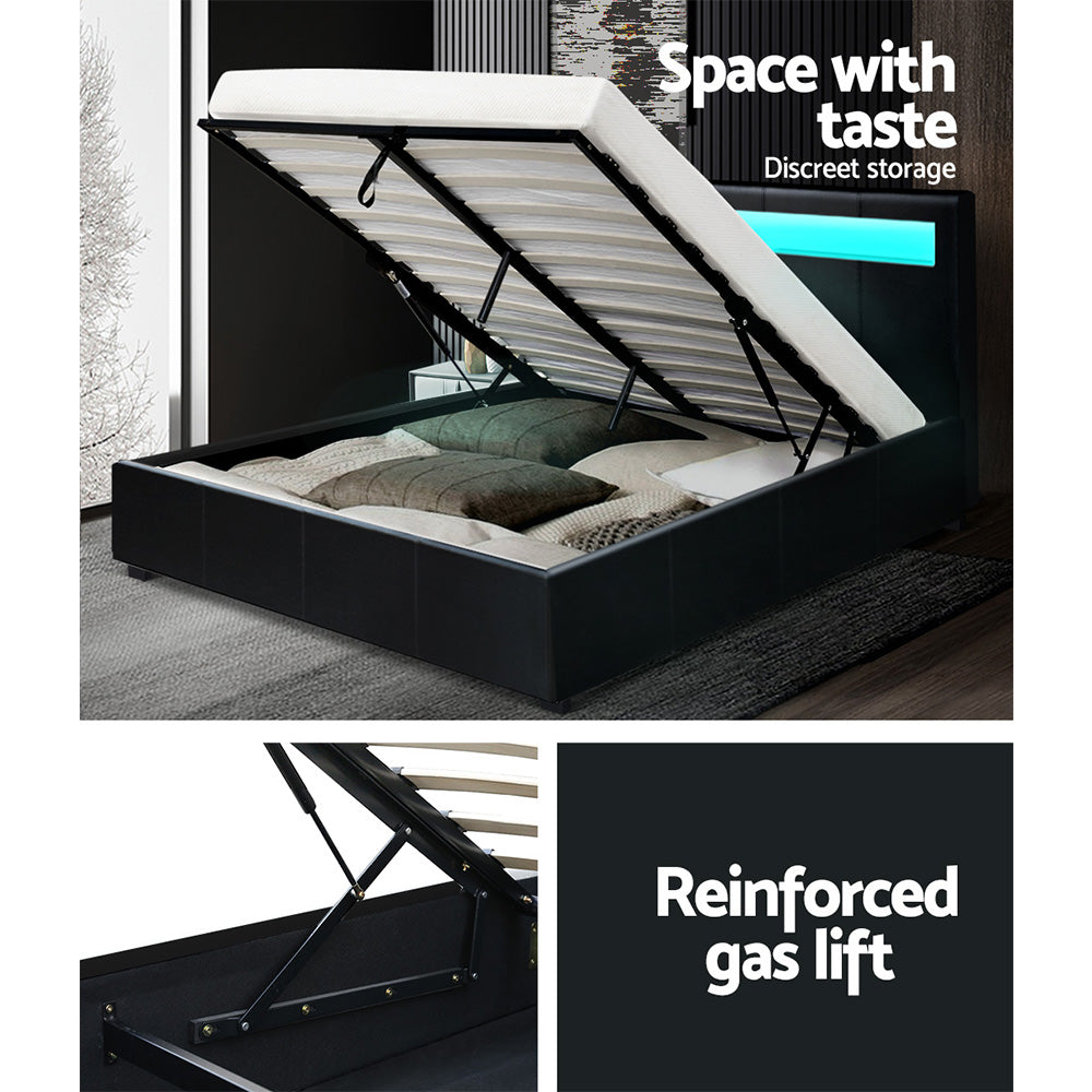 Artiss Cole LED Bed Frame PU Leather Gas Lift Storage - Black Double - BM House & Garden