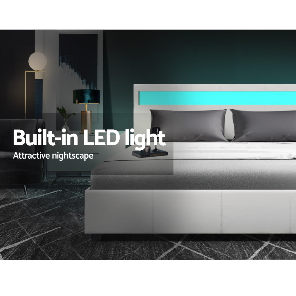 Artiss Bed Frame Double Size Gas Lift RGB LED White Cole - BM House & Garden