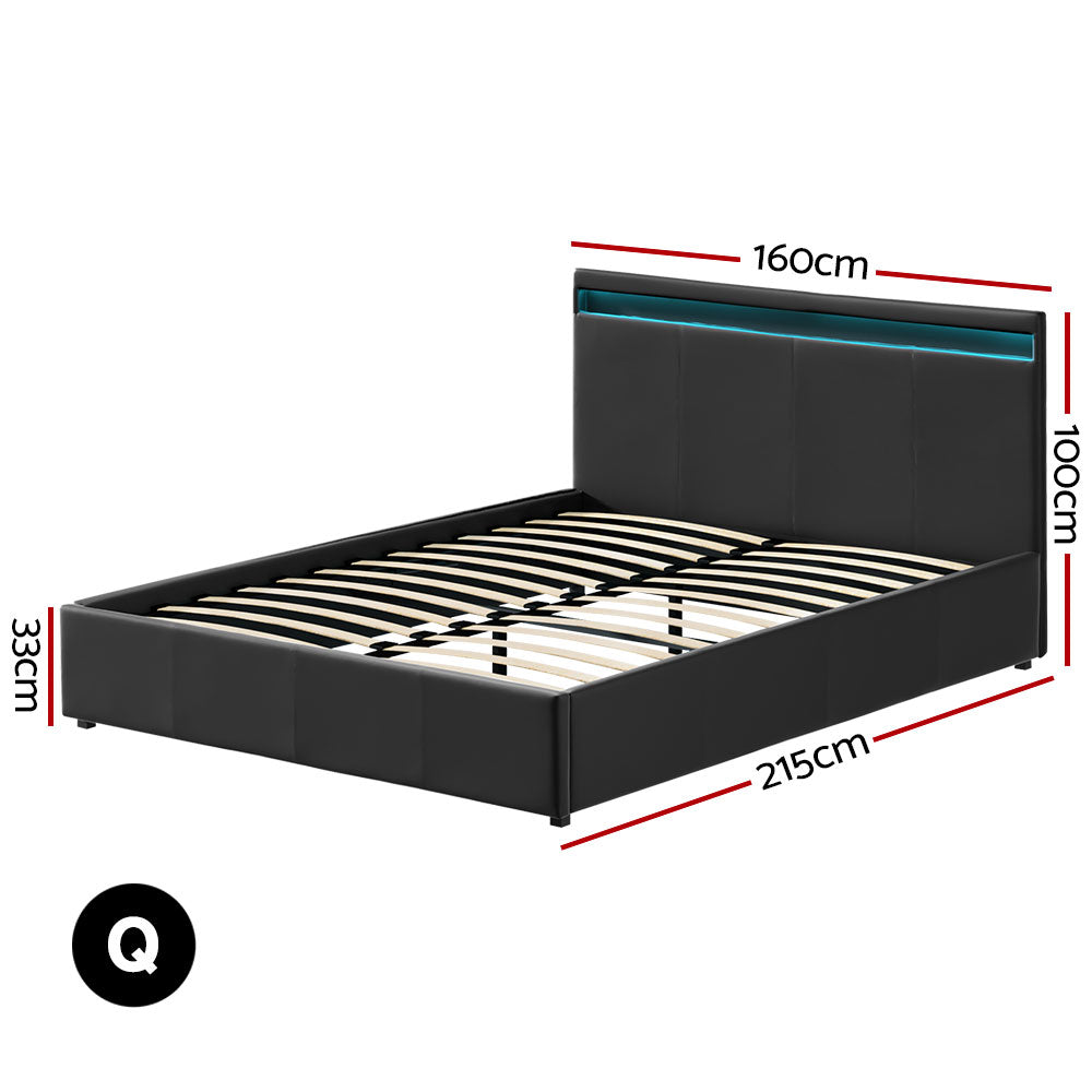 Artiss Cole LED Bed Frame PU Leather Gas Lift Storage - Black Queen - BM House & Garden
