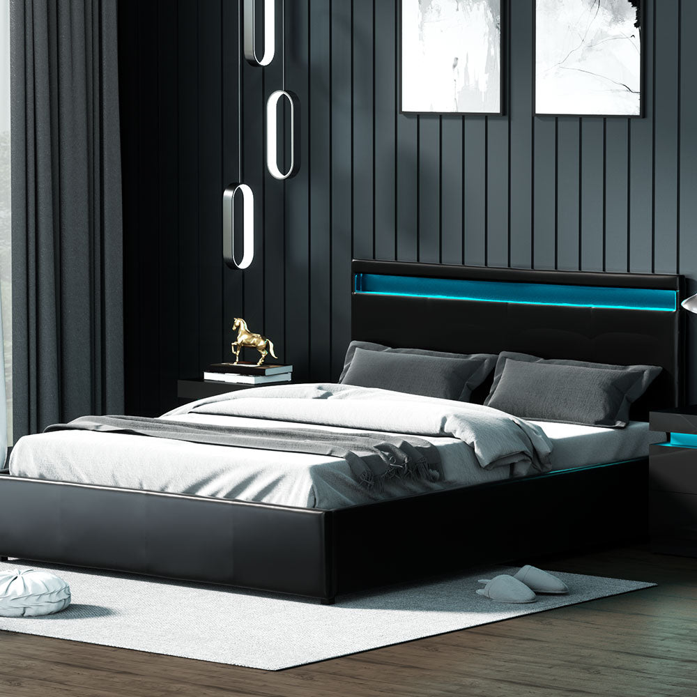 Artiss Cole LED Bed Frame PU Leather Gas Lift Storage - Black Queen - BM House & Garden
