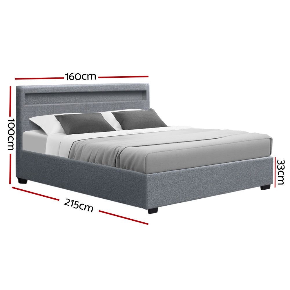 Artiss Cole LED Bed Frame Fabric Gas Lift Storage - Grey Queen - BM House & Garden