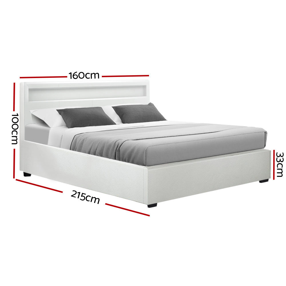 Artiss Cole LED Bed Frame PU Leather Gas Lift Storage - White Queen - BM House & Garden