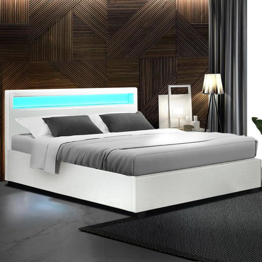Artiss Cole LED Bed Frame PU Leather Gas Lift Storage - White Queen - BM House & Garden