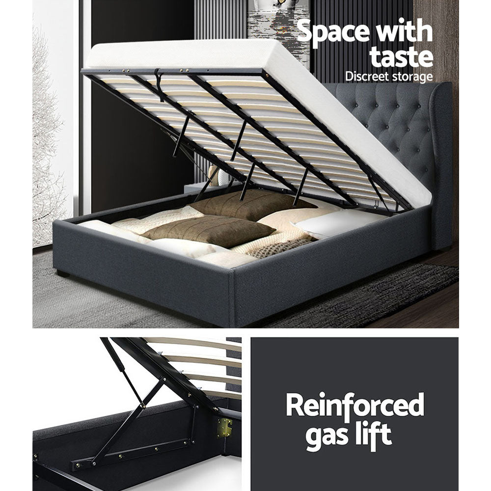 Artiss Issa Bed Frame Fabric Gas Lift Storage - Charcoal King - BM House & Garden