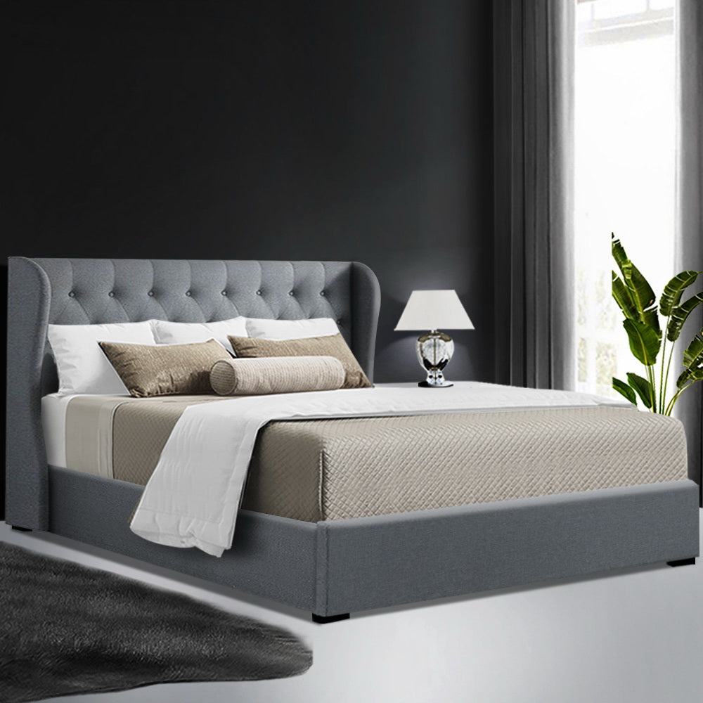 Artiss Issa Bed Frame Fabric Gas Lift Storage - Grey Queen - BM House & Garden