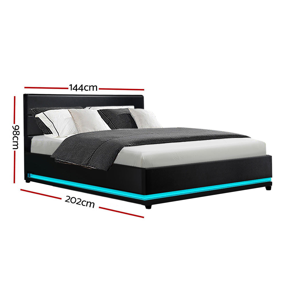 Artiss Lumi LED Bed Frame PU Leather Gas Lift Storage - Black Double - BM House & Garden