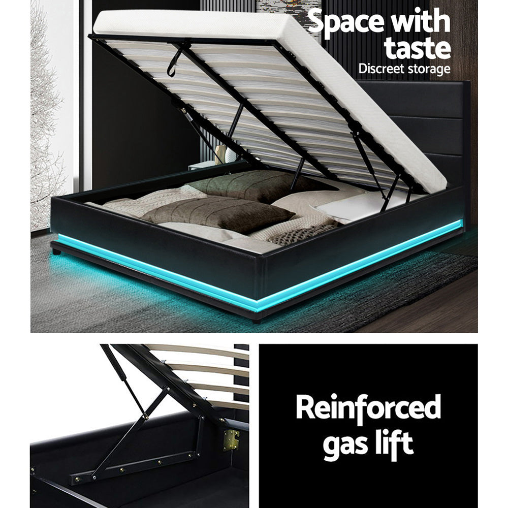 Artiss Lumi LED Bed Frame PU Leather Gas Lift Storage - Black Double - BM House & Garden