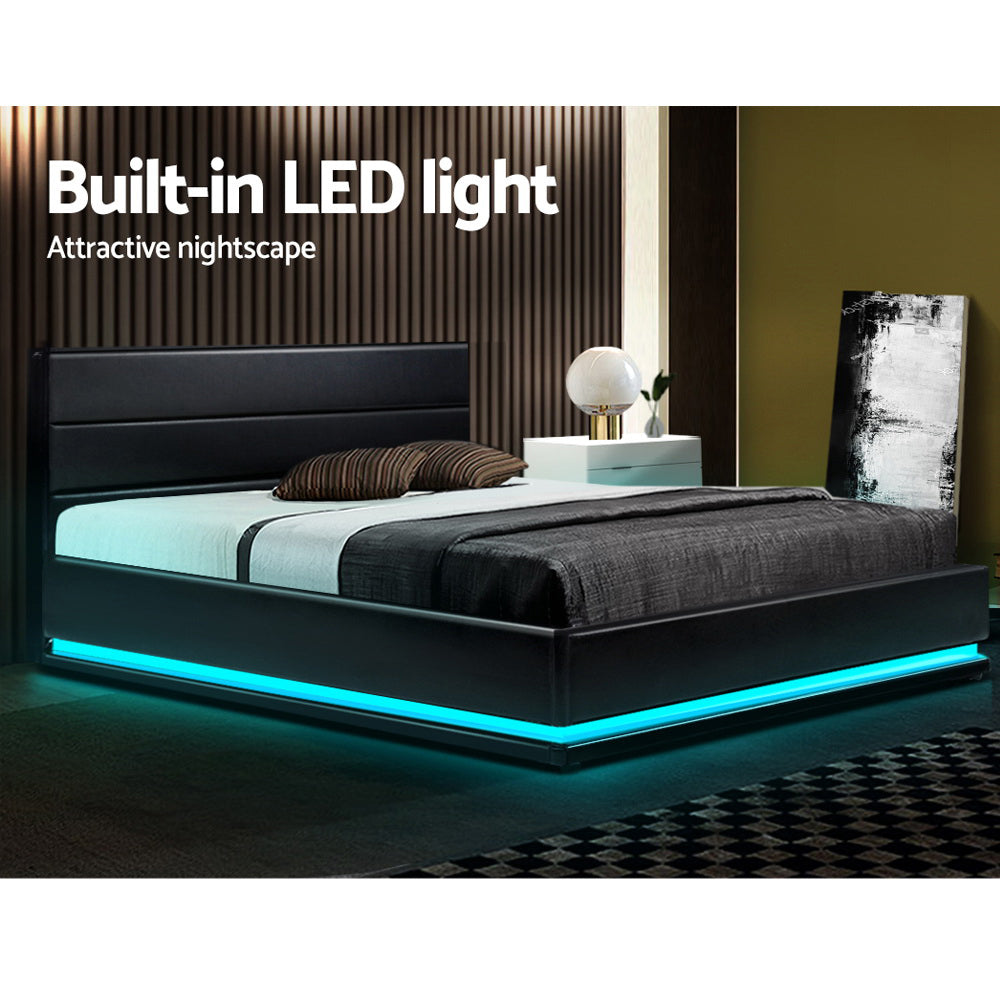 Artiss Lumi LED Bed Frame PU Leather Gas Lift Storage - Black Double - BM House & Garden