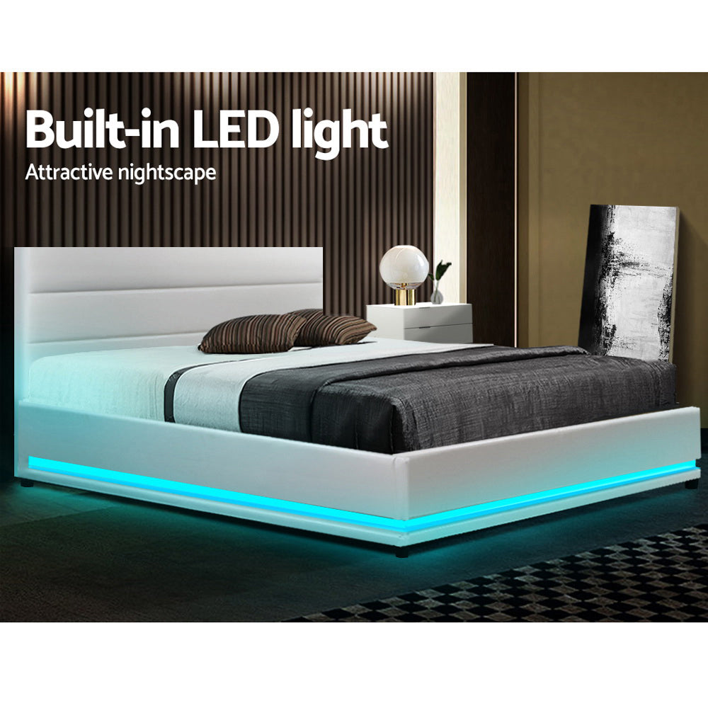 Artiss Lumi LED Bed Frame PU Leather Gas Lift Storage - White Double - BM House & Garden